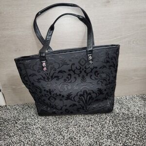 Thirty-One Black Embroidered Tote Bag Crossbody Quilted Zipper Closure Pockets